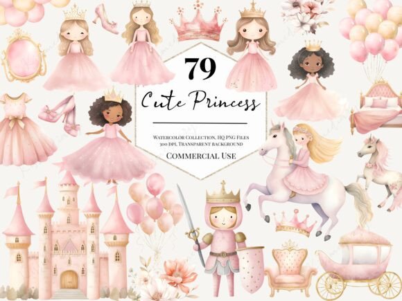 Enchanting Watercolor Cute Princess Clipart for Creative Projects