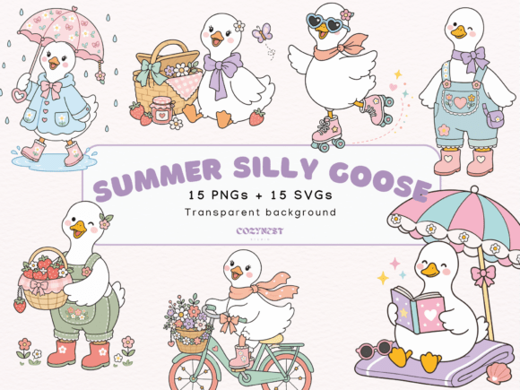 Silly Goose Summer Cliparts: Adorable Pastel Designs