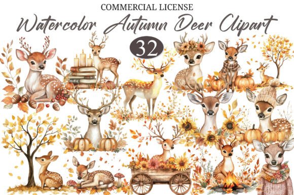 Watercolor Autumn Deer Clipart Bundle: Creative Versatility